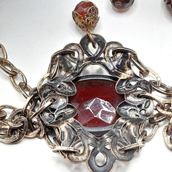 Vintage Hong Kong Boho Chain Belt Brown Glass Stones 32" Filigree 1960s - Picture 10 of 10